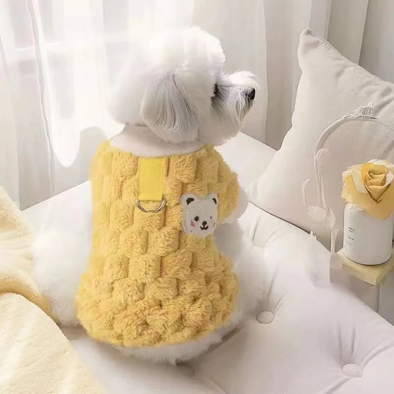 Winter Cat Dog Clothes with Buckle Sweet Bear Print Pet Plush Sweater for Small Dogs Pomeranian Chihuahua