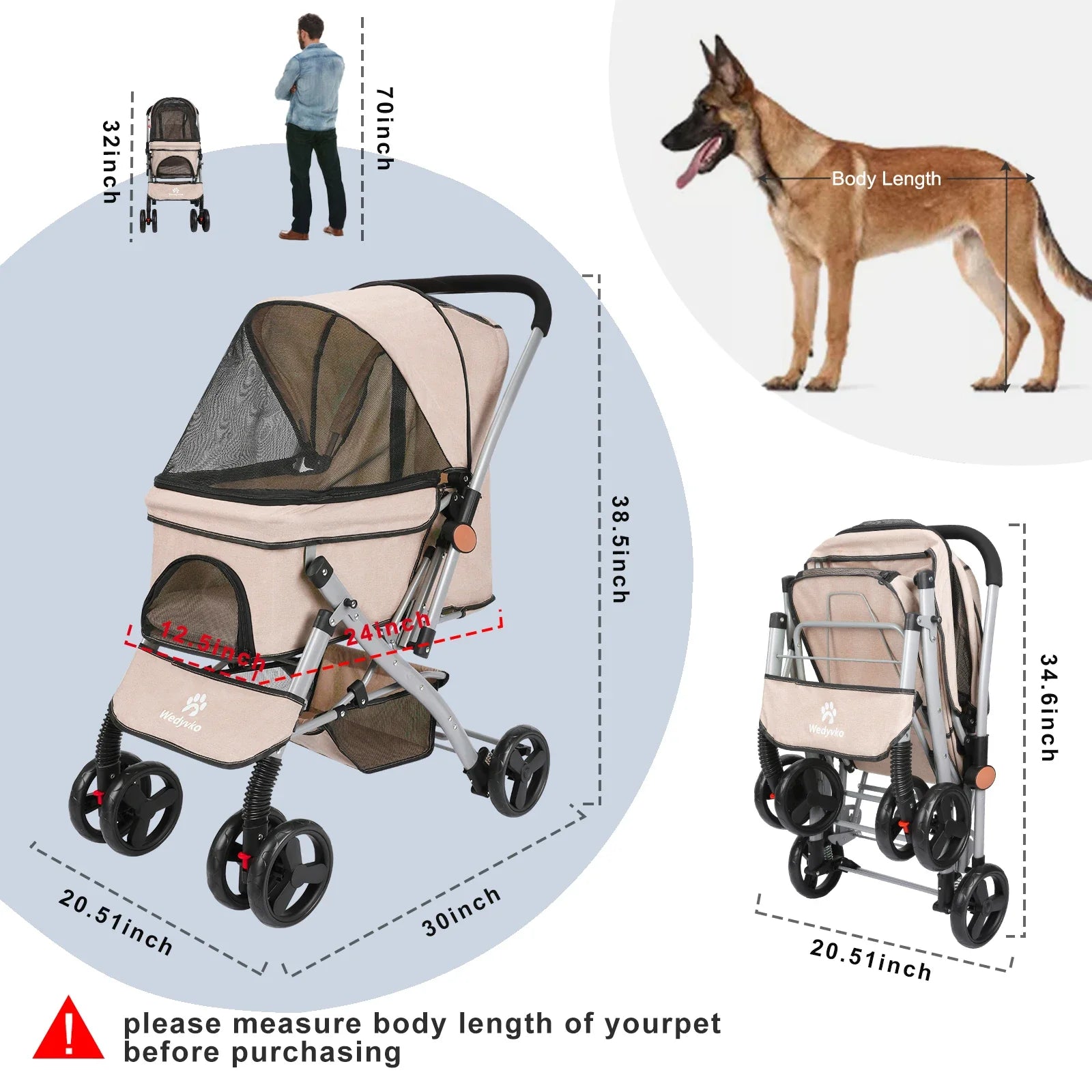 Foldable Cat Dog Stroller  Detachable  Easy Assembly Pet Travel Carrier W/Shock Absorption Folding Resistant
